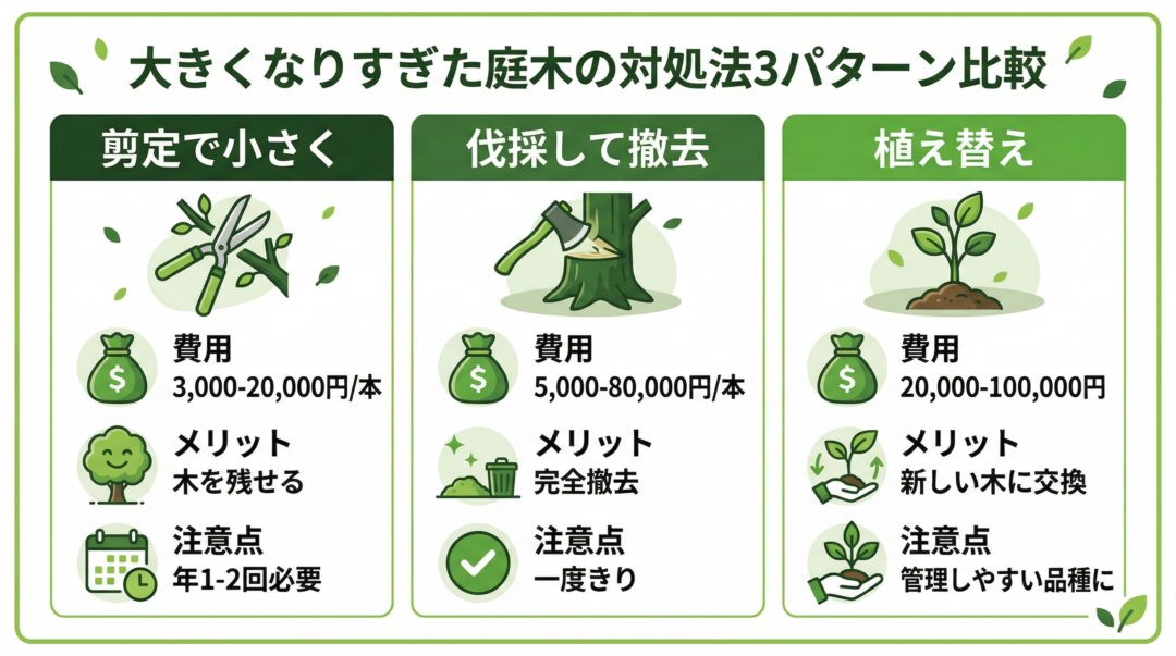 庭木の対処法3パターン比較:剪定・伐採・植え替えの費用と特徴を並列比較